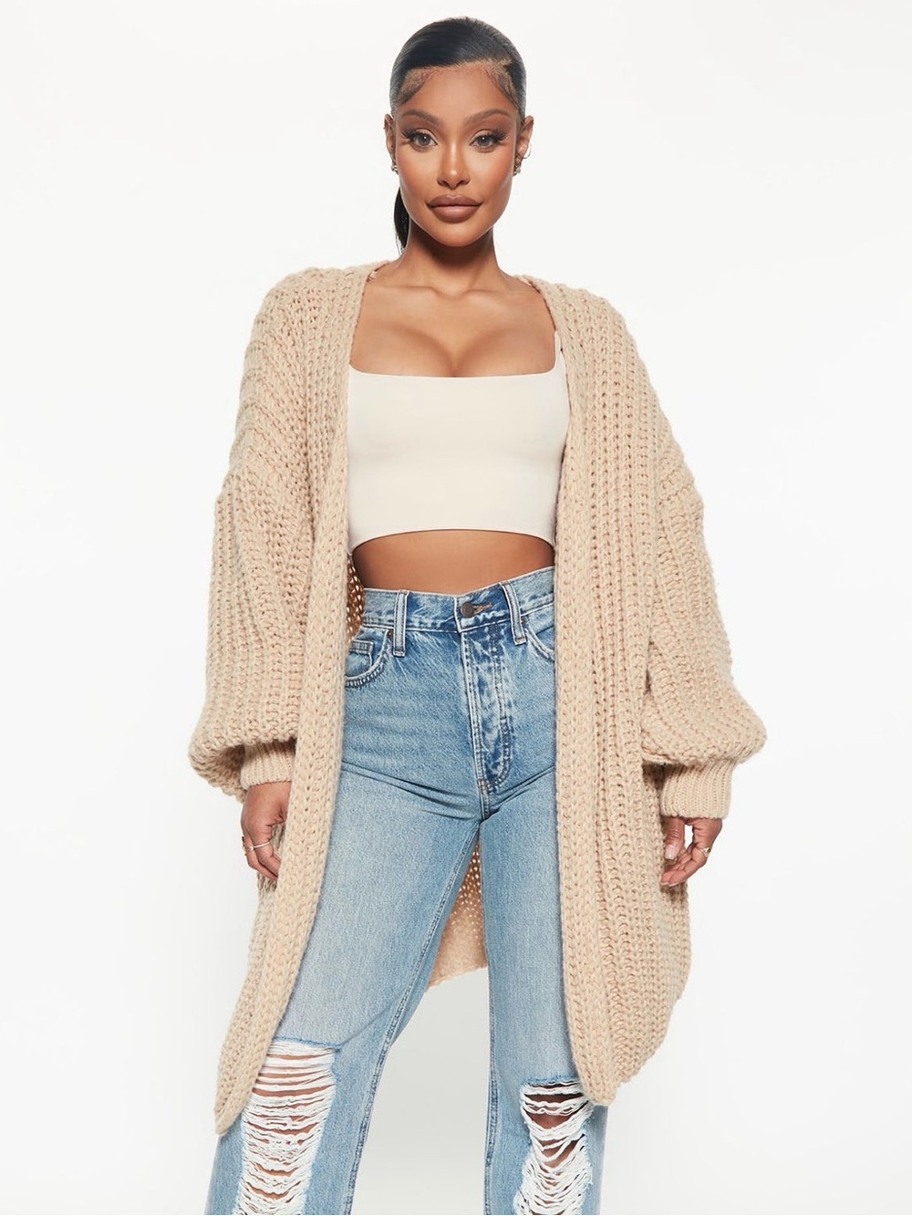 Fashion Nova Oversized Chunky Knit Cardigan - Beige